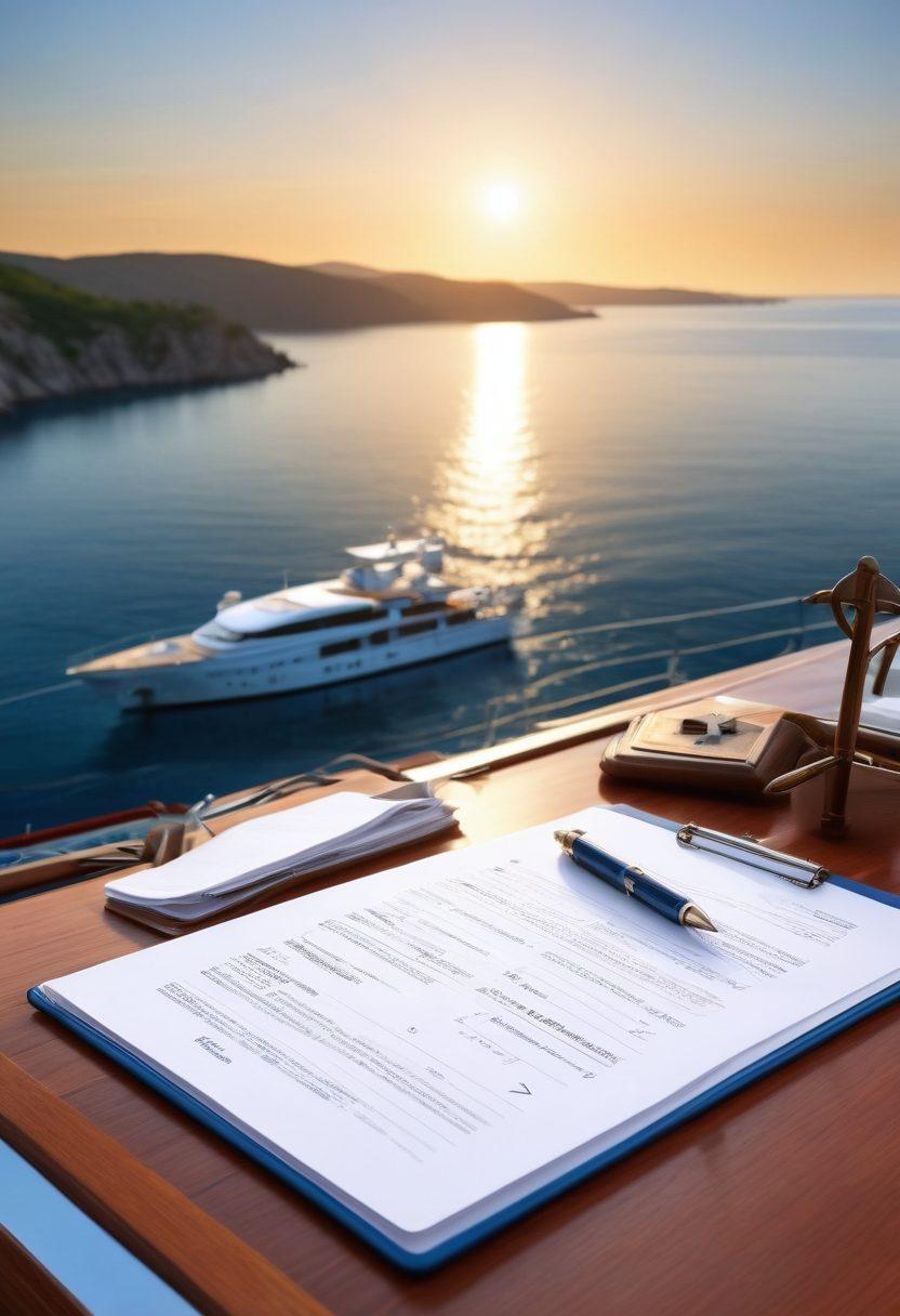 A luxurious yacht sailing gracefully on calm azure waters under a clear blue sky, with a clipboard and pen on the deck symbolizing insurance documentation. In the background, gently rolling hills and a distant coastline enhance the serene atmosphere, while an overlay of subtle nautical symbols like anchors and compasses adds a thematic touch. warm sunset colors reflecting off the water create an inviting ambiance. super-realistic. vibrant colors. 3D.