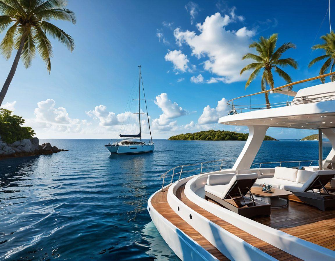 A serene ocean view featuring a luxurious yacht rocking gently on the waves, surrounded by diverse marine life. On the vessel's side, there are artistic representations of customized insurance documents fluttering in the sea breeze, symbolizing tailored protection. The sky showcases a bright, sunny day, casting reflections on the water to evoke feelings of peace and security at sea. Include a distant coastline with palm trees for a tropical touch. super-realistic. vibrant colors. 3D.