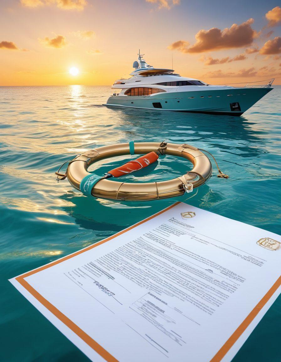 A luxurious yacht anchored in calm turquoise waters, with an insurance document elegantly floating beside it, representing marine liability. In the background, a sun setting over the horizon casts a golden glow, while playful dolphins leap near the boat. Incorporate symbols like a shield or lifebuoy subtly integrated into the scene to signify protection. super-realistic. vibrant colors.